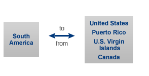 South America (Except Brazil, Chile and Peru) to/from the U.S., Puerto Rico and the U.S. Virgin Islands and Canada